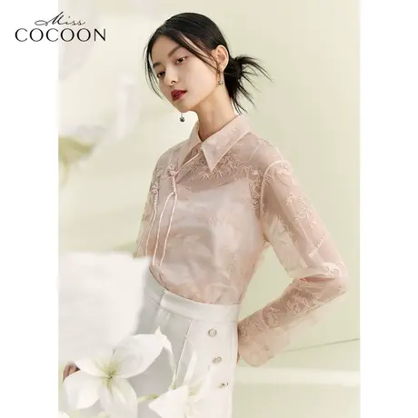 竹意熊趣|MISSCOCOON国风蕾丝衫女2023新款春季盘扣设计网纱上衣商品大图