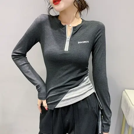 假两件撞色T恤女长袖时尚紧身拉链上衣欧货抽绳洋气打底衫春秋潮图片