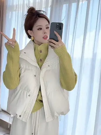 欧货时尚立领无袖羽绒服马甲秋冬季设计感小众白鸭绒马夹短外套女图片