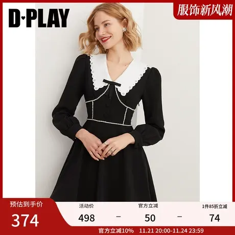 DPLAY【黑标】复古法式黑色重工镶钻高腰A字连衣裙图片