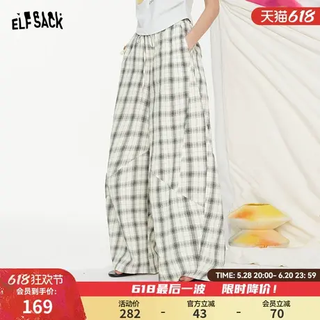 妖精的口袋格子休闲阔腿裤女2025年夏新款慵懒风宽松显瘦直筒裤子图片