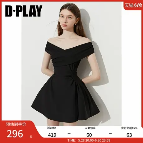 DPLAY2025年夏季新款气质黑色一字肩连衣裙女短款礼服裙子短裙图片