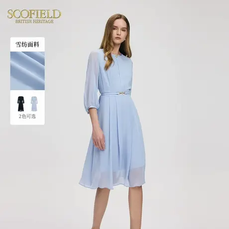 Scofield女装优雅气质圆领收腰连衣裙收腰7分袖雪纺裙夏季新品图片