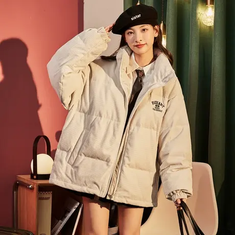 唐狮冬季小方格灯芯绒立领短款面包羽绒服女装外套加厚宽松保暖潮图片