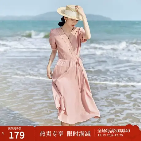 茵曼法式文艺连衣裙2023夏女装新款V领镂空泡泡袖系带收腰裙子图片