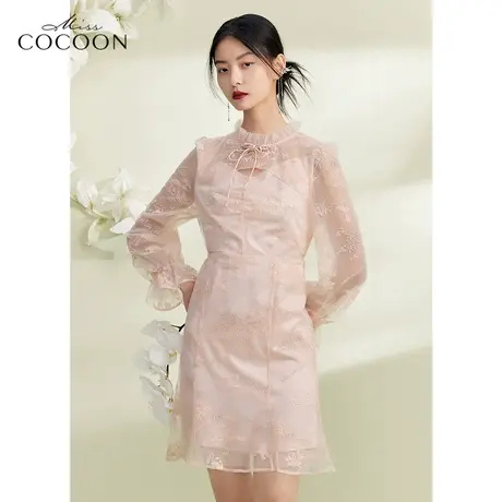 竹意熊趣|MISSCOCOON国风蕾丝连衣裙女2023新款春季长袖收腰裙子图片