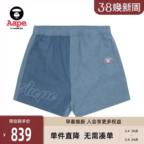 Aape旗舰女装春夏猿颜徽章字母印花拼接水洗牛仔休闲短裤B606XXM图片