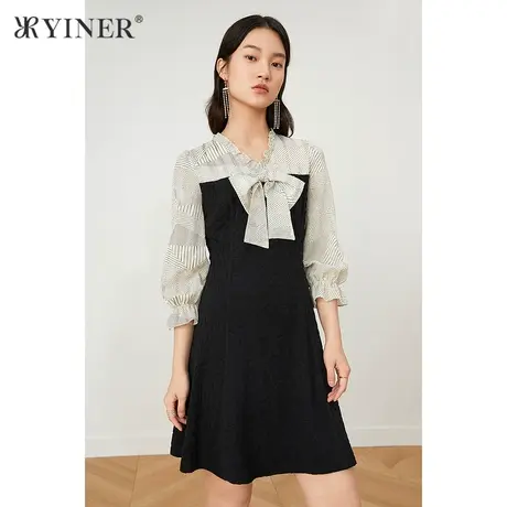 YINER音儿商场同款女装秋冬肌理感蝴蝶结撞色泡泡袖连衣裙女图片