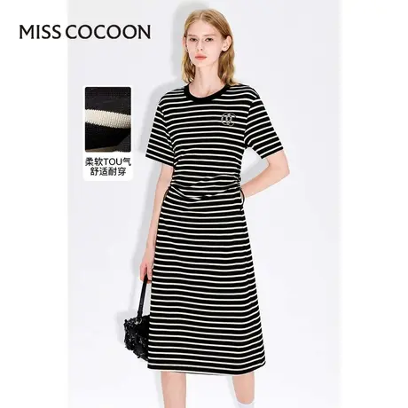 MISSCOCOON【持续机能旅程】24春新款时尚条纹弹力罗纹A字连衣裙图片