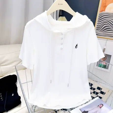 小个子正肩短袖上衣女夏季韩版ins纯欲风连帽短款纯棉T恤白色修身图片