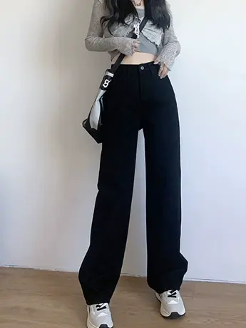 清仓捡漏美式高腰牛仔裤女修身显瘦冬季新款复古宽松百搭直筒裤图片