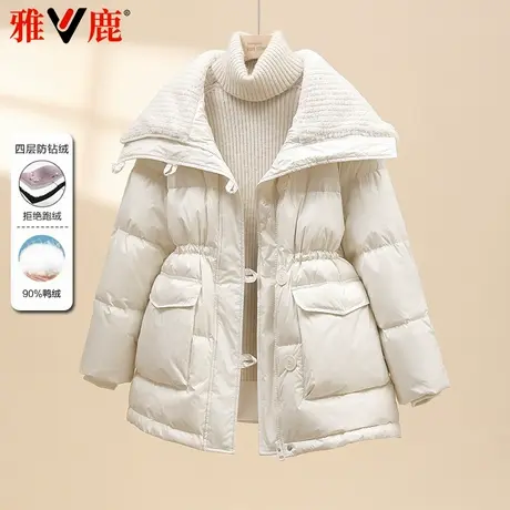 雅鹿正品2024新款羽绒服女中长款大翻领羊羔毛收腰显瘦小香风外套图片