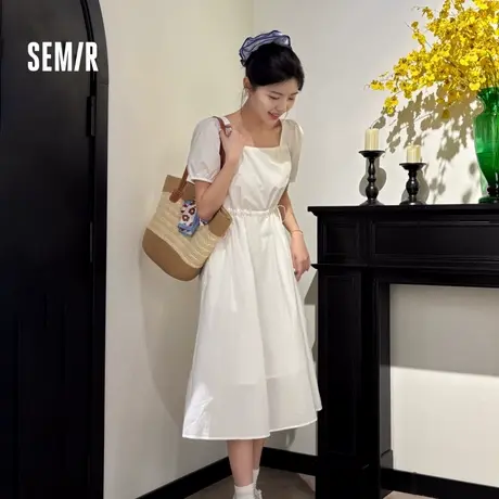 [商场同款]森马连衣裙女方领泡泡袖抽绳2024新款夏纯色中长裙温柔图片