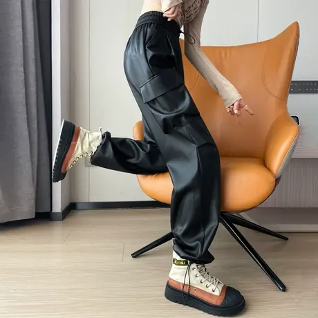 pu皮裤女2023新款秋冬季黑色直筒束脚裤子小个子哈伦休闲裤工装裤图片