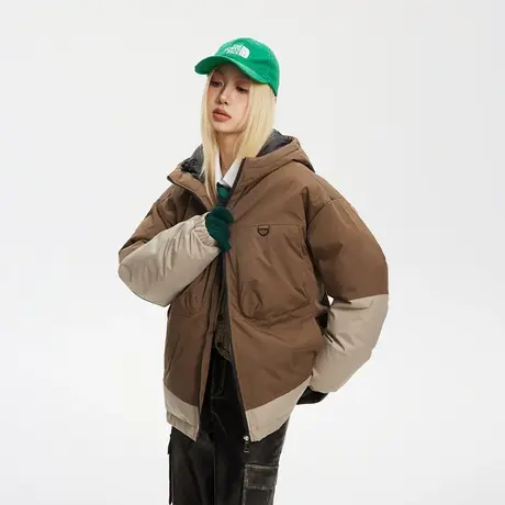复古潮牌拼接连帽棉服女冬季加厚外套2023新款宽松保暖面包服棉衣图片