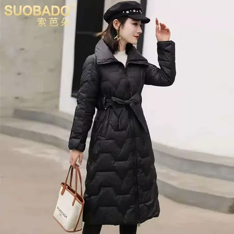 2023新款过膝长款白鸭绒羽绒服女系带收腰纯色修身保暖外套大衣女图片