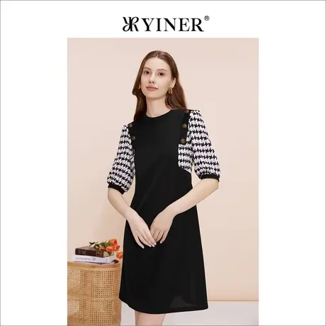 YINER音儿专选女装夏弹力复古饰扣圆领撞色连衣裙图片