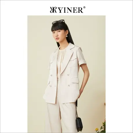 YINER音儿女装夏季气质通勤双排扣杏色西装短外套图片