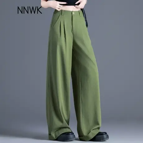 绿色裤子女2025新款夏季薄款天丝垂感冰丝阔腿裤高腰直筒裤休闲裤图片