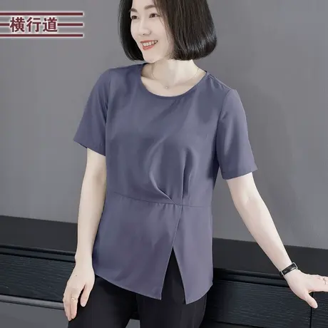 2023夏季新款纯色简约圆领收腰宽松短袖雪纺衫女装外穿上衣服显瘦图片