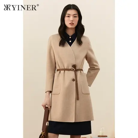 YINER音儿女装冬季新款羊毛蚕丝混纺V领呢大衣图片