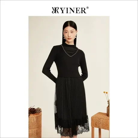 YINER音儿专选女装冬季复古小高领拼接网纱羊毛连衣裙图片