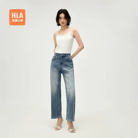 HLA/海澜之家直筒牛仔九分裤25春夏新微弹洗水工艺时髦破洞裤女装图片