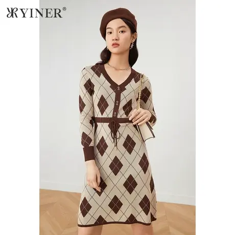 YINER音儿女装2021秋季新款V领印花中长款连衣裙图片