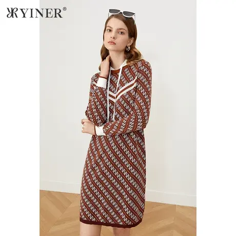 YINER音儿商场同款女装2021秋季新款中长款收腰拼接连衣裙图片