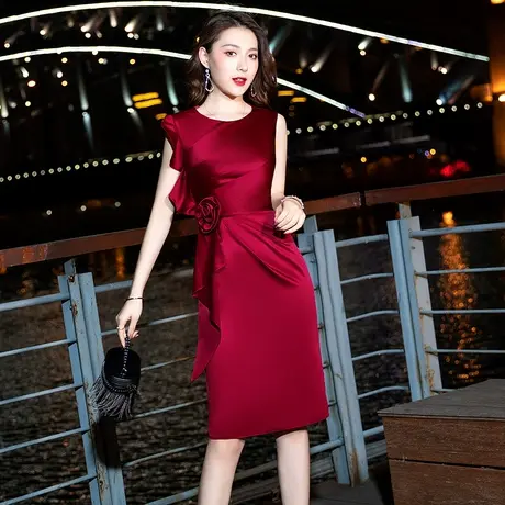 晚礼服2024新款短款显瘦优雅夏季酒红色婚宴妈妈宴会气质连衣裙女图片