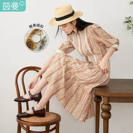 【商场同款】茵曼连衣裙女春季新款印花蕾丝气质百搭圆领裙子图片
