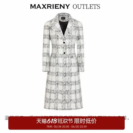 【奥莱】MAXRIENY蕾丝黑白格纹长款大衣收腰复古风衣外套图片