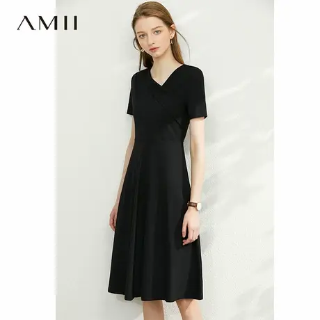 Amii法式赫本风气质黑色连衣裙女2025夏季新款V领a字裙修身裙子图片