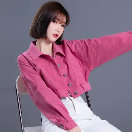 玫红色牛仔外套女2023年新款春秋小众彩色高腰牛仔上衣小个子短款图片