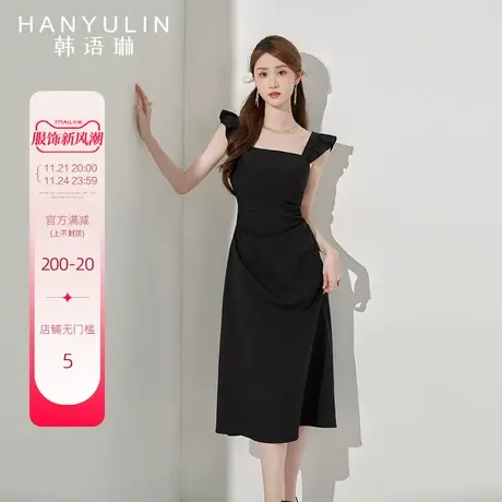 韩语琳黑色吊带连衣裙女夏季2025新款高级感气质显瘦法式长款裙子图片