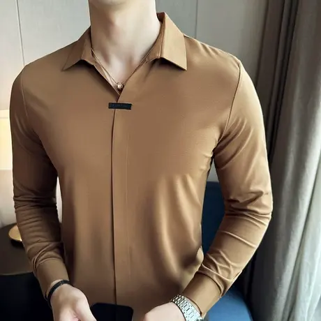 套头衬衫领T恤男长袖高弹腔调V领修身POLO衫秋季冰丝无痕翻领T恤图片