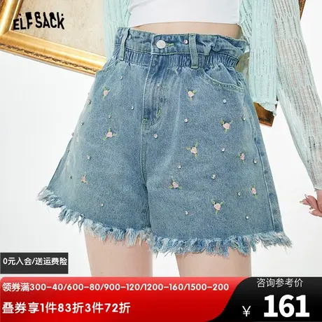 妖精的口袋刺绣牛仔短裤女2023夏季新款高腰a字热裤小众设计感潮商品大图