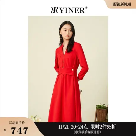 YINER音儿女装春季时尚半开领收腰绵羊毛连衣裙图片