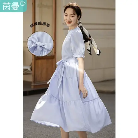 茵曼花边连衣裙女春夏季2023年新款修身花苞袖气质宽松收腰伞裙子图片