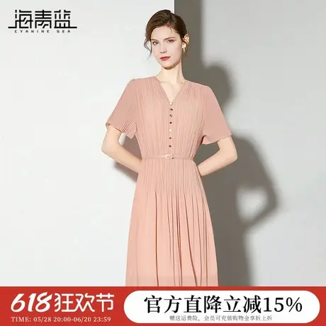 海青蓝 连衣裙夏女2025新款女装高级时尚气质纯色皱褶中长款裙子图片