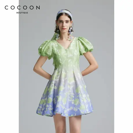 商场同款 可可尼COCOONV领裙子2024夏新款女收腰泡泡袖撞色连衣裙图片