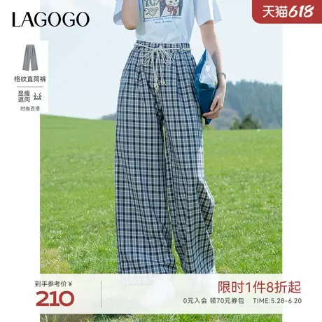 LAGOGO经典格子休闲裤女拉谷谷2025年夏季新款编织腰带直筒阔腿裤图片