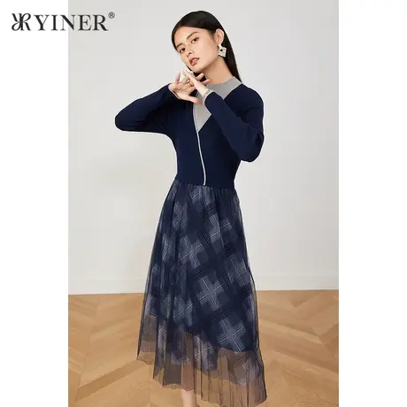 YINER音儿女装2021秋季新款收腰拼接网纱连衣裙图片