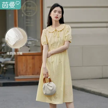 茵曼蝴蝶结连衣裙女夏季2023新款提花宽松蕾丝薄款纯棉a字长裙子图片