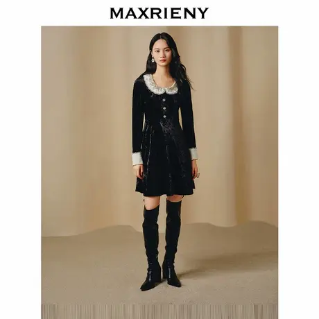 【奥莱】MAXRIENY赫本华丽复古风重工钉珠连衣裙丝绒裙图片