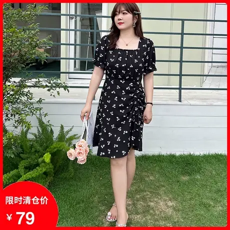大码女装显瘦胖MM碎花连衣裙2023年夏装新款方领气质雪纺小黑裙图片