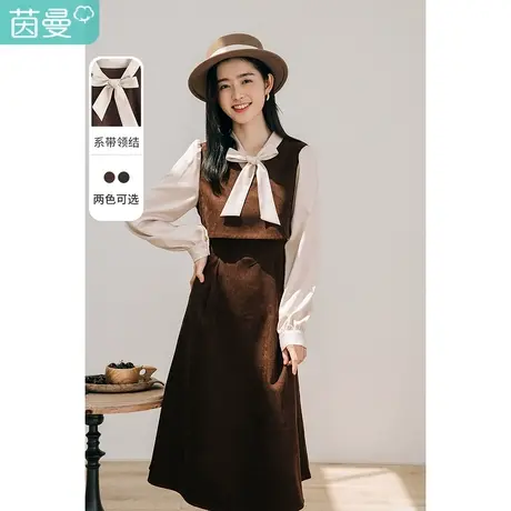 茵曼气质连衣裙女蝴蝶结2023年春冬新款优雅a字a摆高级长袖中长裙图片