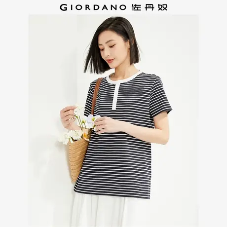 佐丹奴T恤女装纯棉针织撞色条纹亨利领短袖T恤 13324253图片