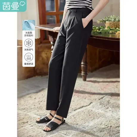 茵曼复古通勤九分裤2023夏季女装新款松紧腰显瘦直筒高腰休闲裤图片