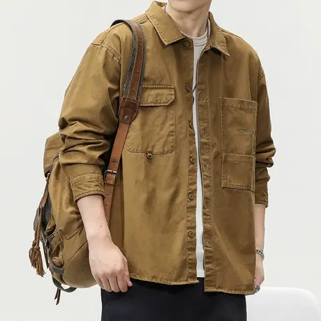 潮流工装衬衫外套纯色百搭衬衫高级感长袖衬衫男款百搭痞帅衬衣商品大图